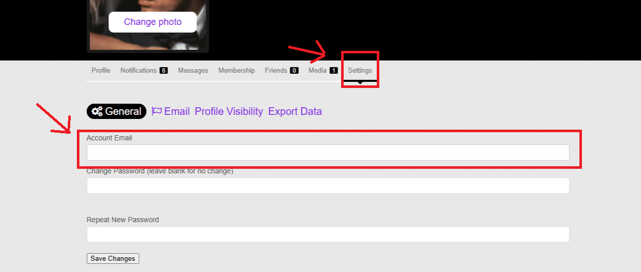 Screenshot of where to change the email address in the platform